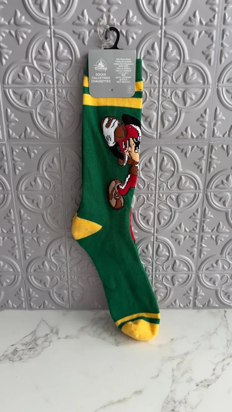 Disney Parks Goofy Pluto Football Crew Socks Adult One Size Green Gold NWT